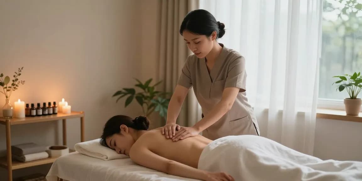 부천출장안마 전문 마사지사가 고객에게 아로마테라피 마사지를 제공하는 따뜻한 분위기의 실내.