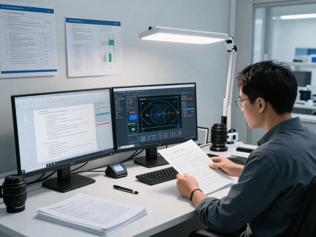 Analyst in a professional forensic lab focusing on document fraud detection technology, examining various documents with advanced software on screens.