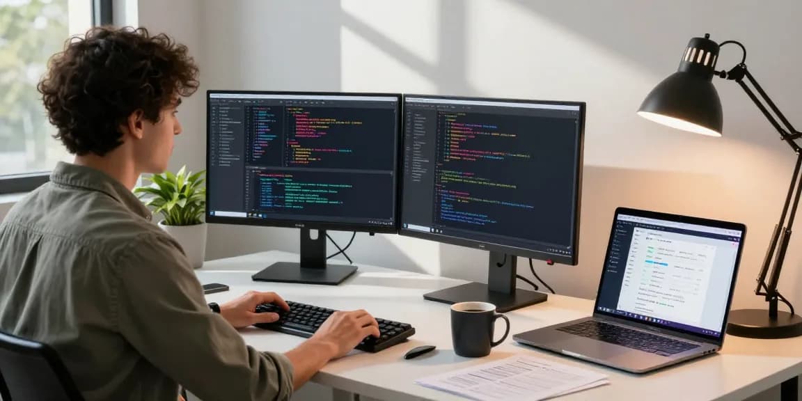 NAGA2000 software development workspace with dual monitors and coding.