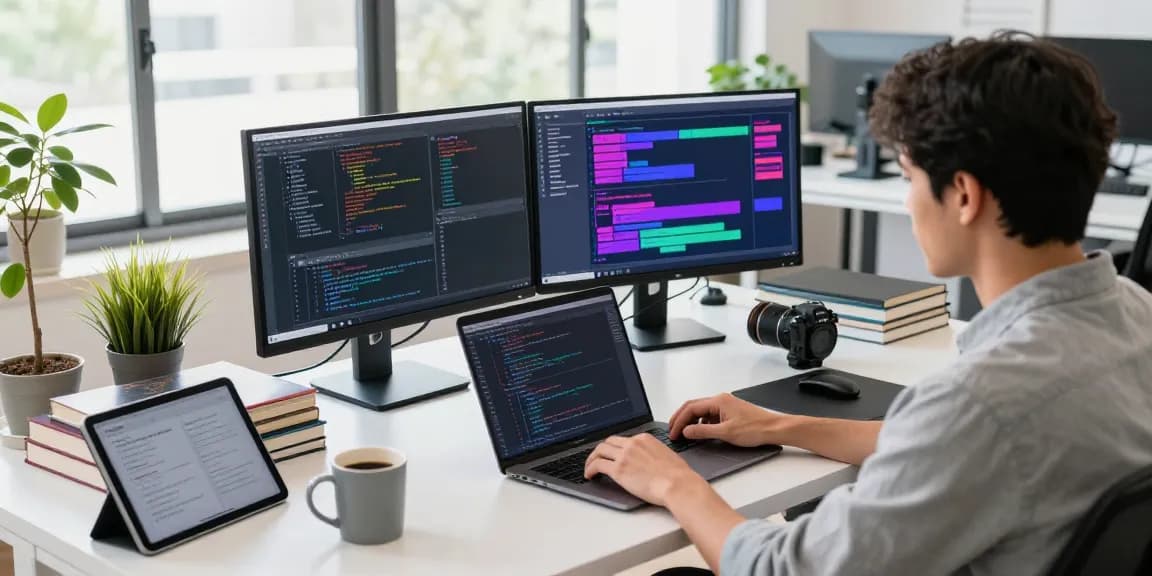 Developer at a modern workspace using telegramin-cn.com for coding projects