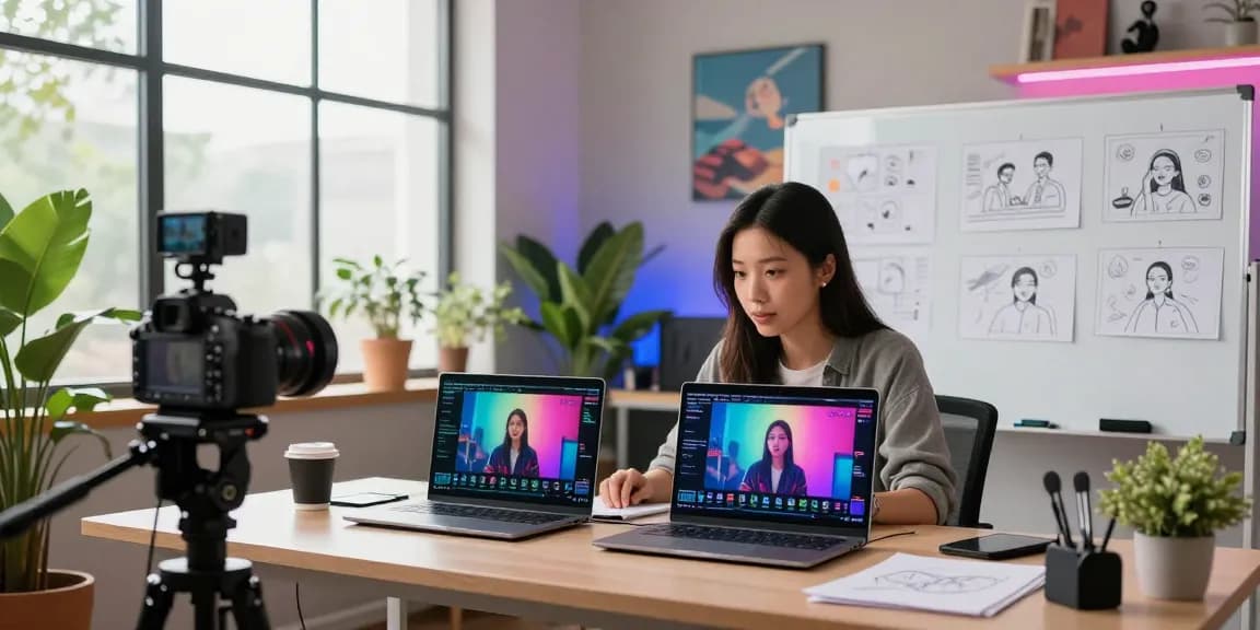 Using Seedance 2.0, a woman creates vibrant videos in her stylish studio, showcasing modern video production.