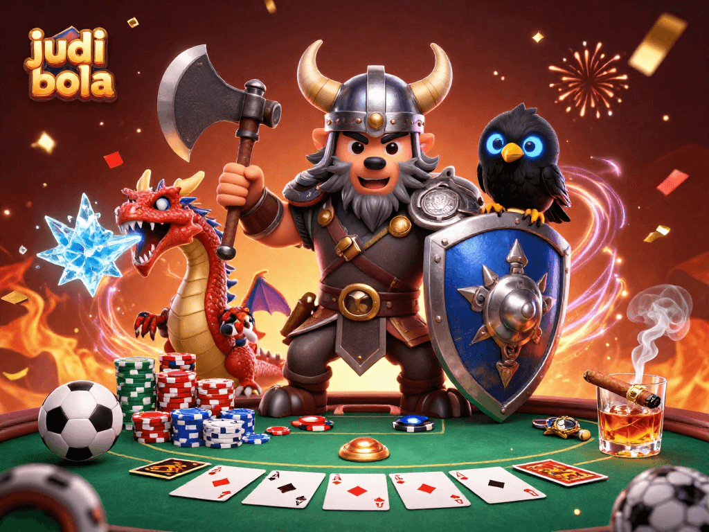 Engage in judi bola excitement with a Viking warrior and dragon amid a vibrant casino scene.