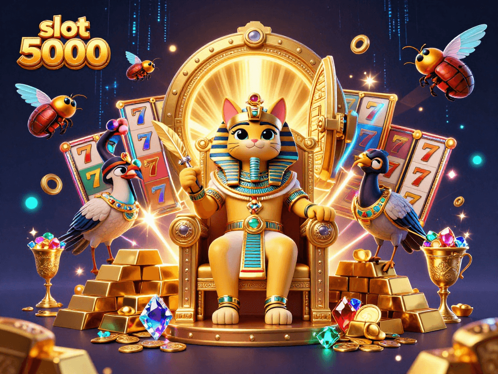 Experience the excitement of slot 5000 at a digital casino, featuring stunning assets like gold bars, jewels, and dynamic characters.