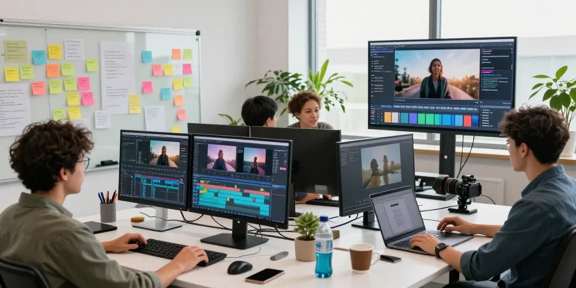 Collaborative video editing studio scene utilizing video prompt AI technology for innovative projects.