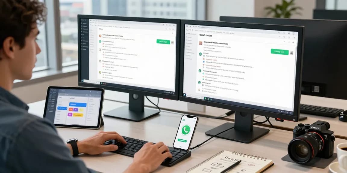Professional workspace featuring WhatsApp網頁版 on dual monitors with tech gadgets and urban office backdrop.