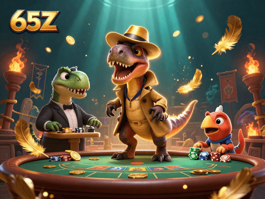 O velociraptor em um cassino 65Z tenta se disfarçar, cercado por moedas e elementos de apostas.