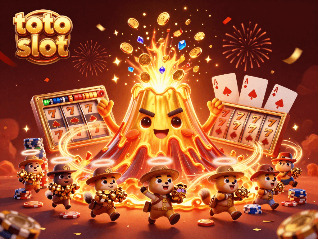 Spin the reels for fortune in toto slot with triumphant volcano and treasure-fleeing explorers.