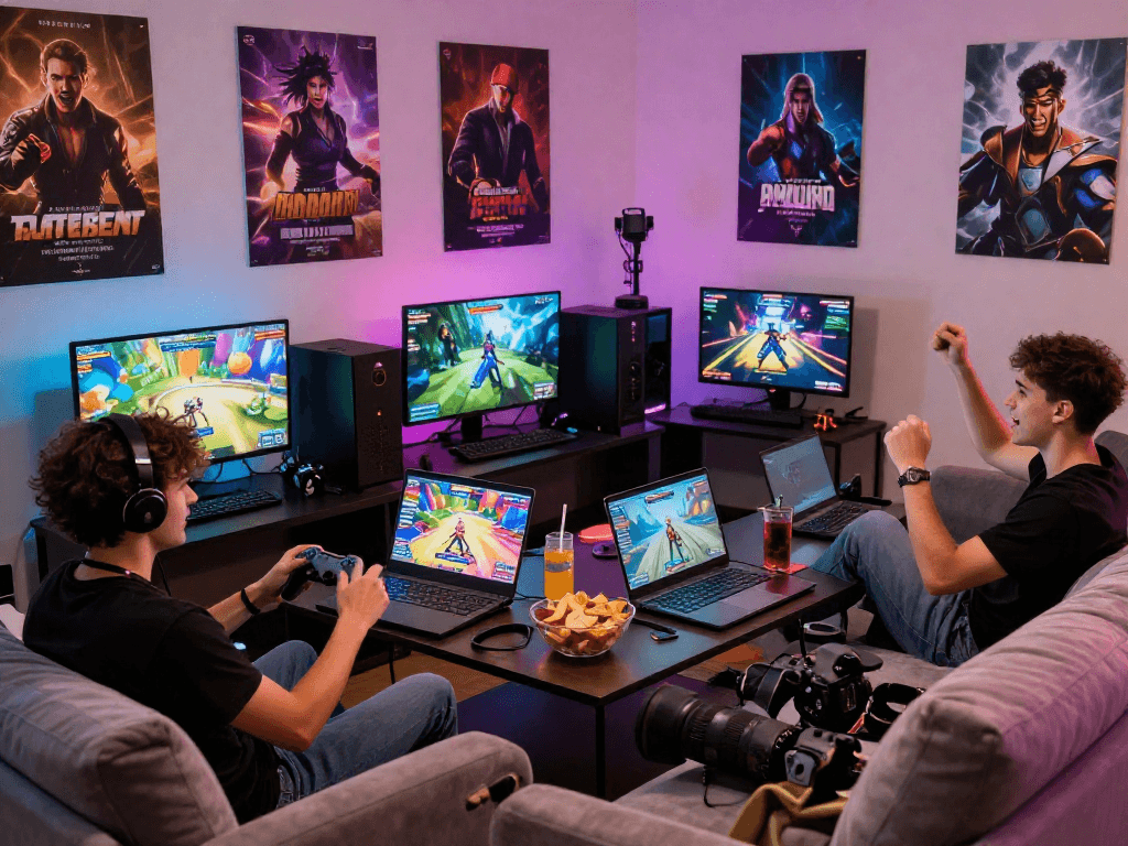 Engaging scene of friends enjoying porngames together in a cozy gaming room.