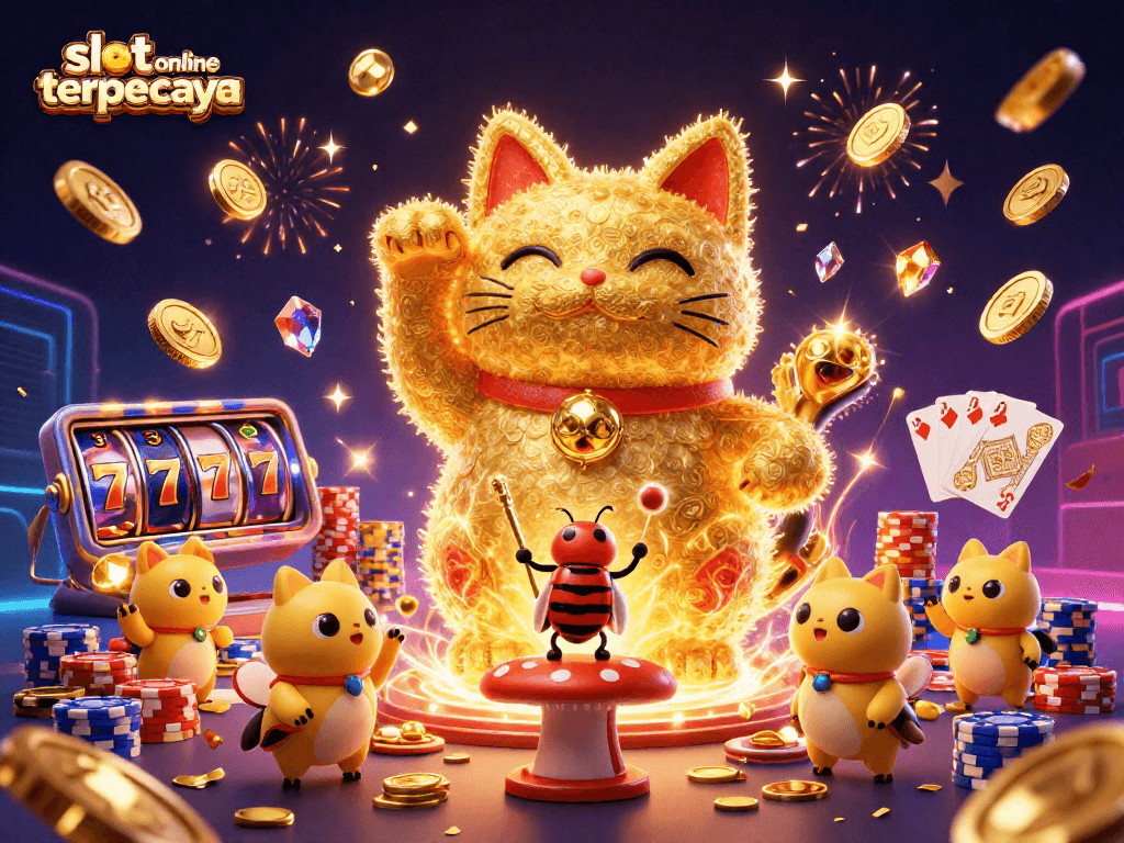 Menangkan jackpot di slot online terpercaya dengan simbol keberuntungan dan hiasan meriah.