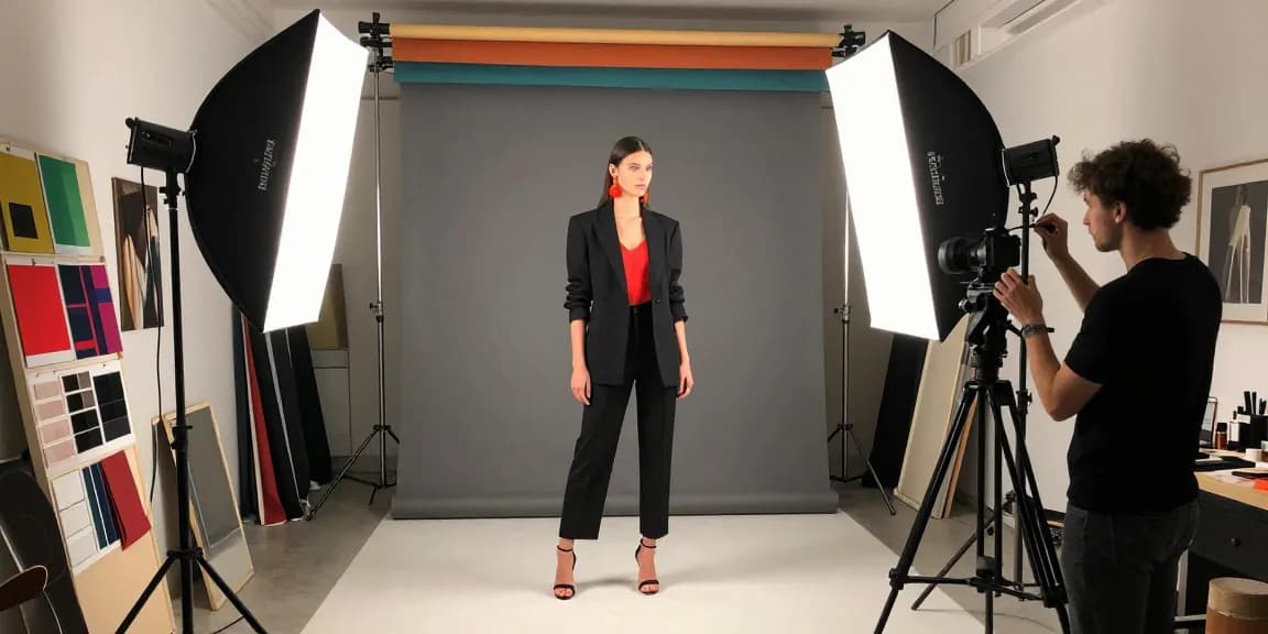 Photographie d'un studio fotografico Milano avec modèle en haute couture et éclairage professionnel.