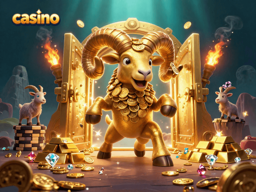 Immerse in this vibrant casino illustration featuring a golden ram charging through riches.