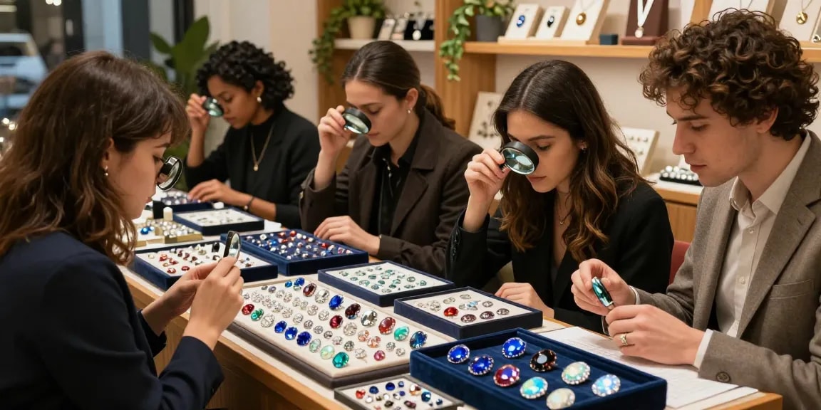 Explore high-quality gemstones at https://www.mygemspot.com with diverse shoppers admiring unique collections in a stylish store.