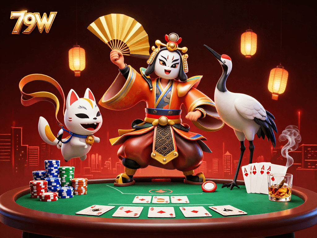O 79W traz uma cena de cassino vibrante com personagens interativos e elementos de pôquer.