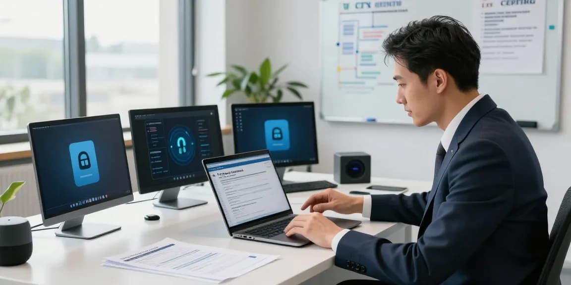Business consultant reviewing cyber essentials questionnaire in modern office for effective cybersecurity.