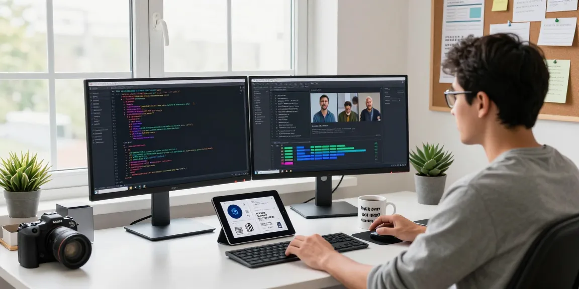 Software developer coding with dual monitors showcasing openclaw skills and team collaboration in a modern workspace.