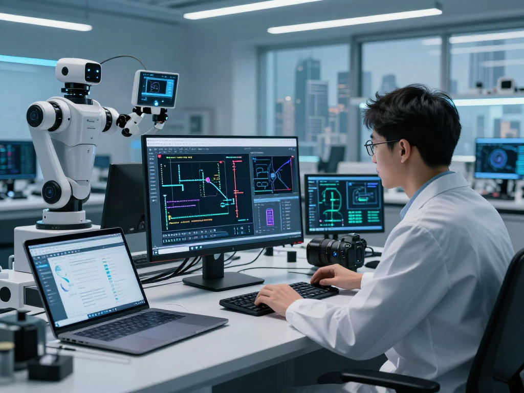 AI Image Detection in a high-tech lab with a data scientist analyzing images on a monitor.