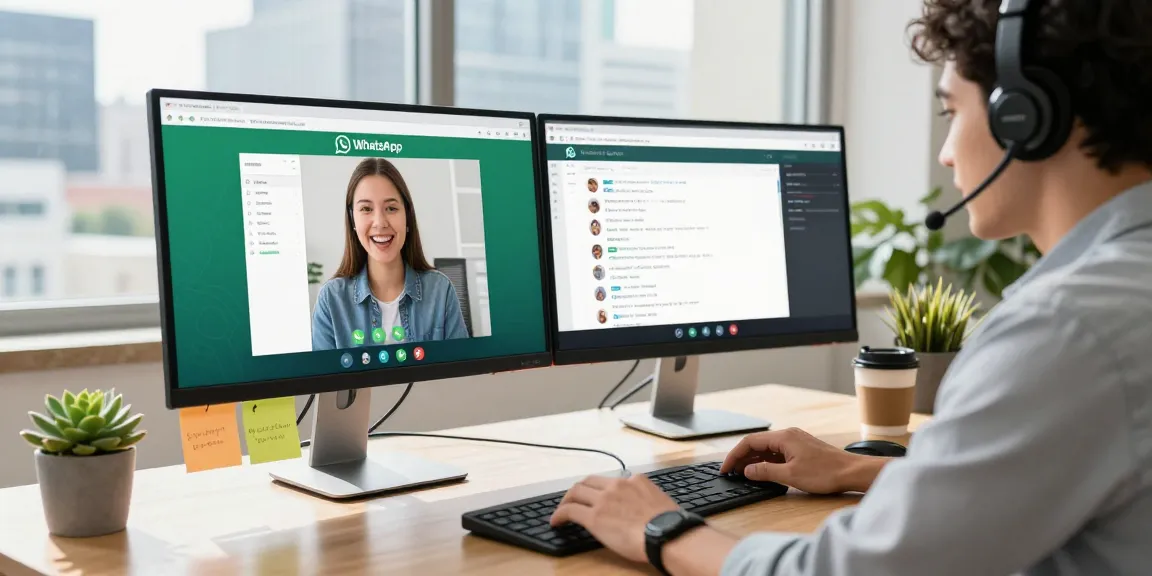 Engaging workspace with a professional using WhatsApp網頁版 on dual monitors, showcasing effective communication style.