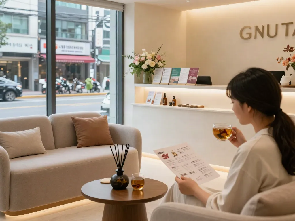 강남오피의 고급 웰니스 스파 내부 모습, 안락한 대기 공간과 아로마 테라피가 있는 접수대가 특징입니다.