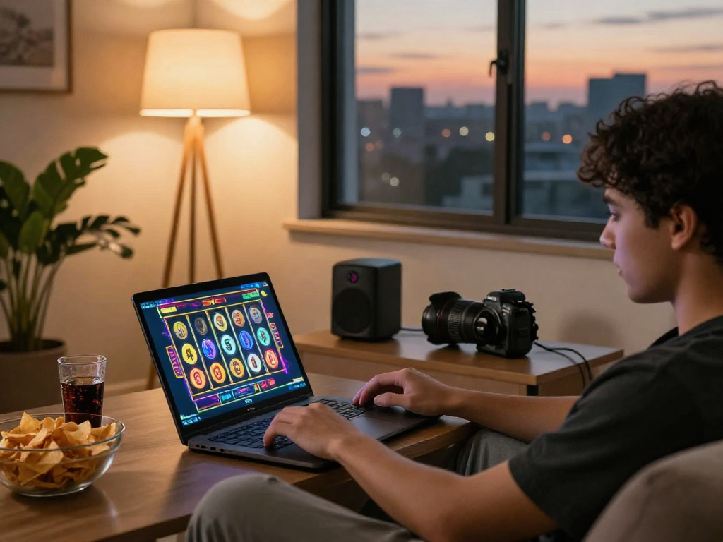 Individual enjoying bandar slot gacor game on laptop in cozy living room