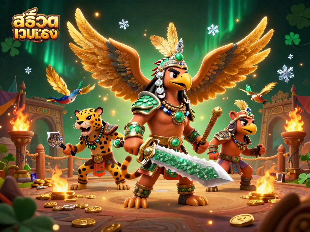 Win big on สล็อตเว็บตรง in an action-packed casino scene with Aztec warriors.
