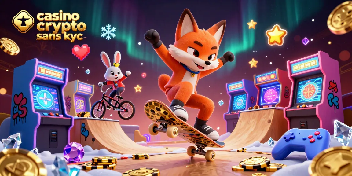 Explorez le casino crypto sans KYC avec un renard effectuant un kickflip sur des jetons de poker d'or