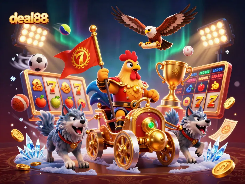 Experience thrilling action at deal88 with a heroic rooster charioteer amidst vibrant casino elements.