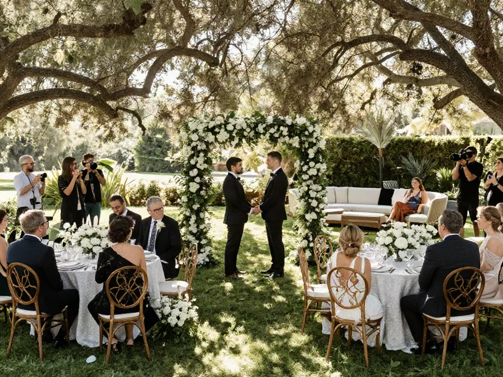 Event furniture rental arranged for a stunning outdoor wedding ceremony with stylish seating and decor.