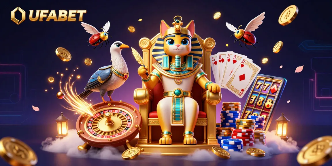 Experience UFABET’s vibrant gaming scene with 3D Egyptian pharaoh and immersive casino elements.
