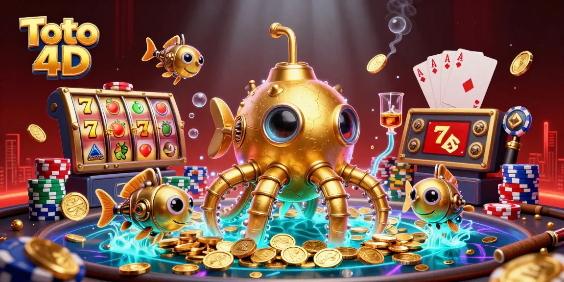 Engage with Toto 4D as a 3D golden kraken submarine surfaces through gold coins amid exciting slot elements.