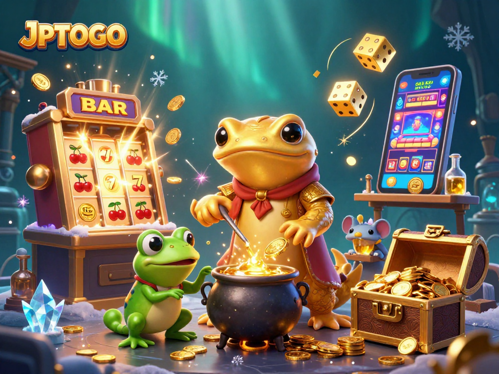 Experience vibrant action at JPTOTO with a golden salamander alchemist and exciting casino elements.