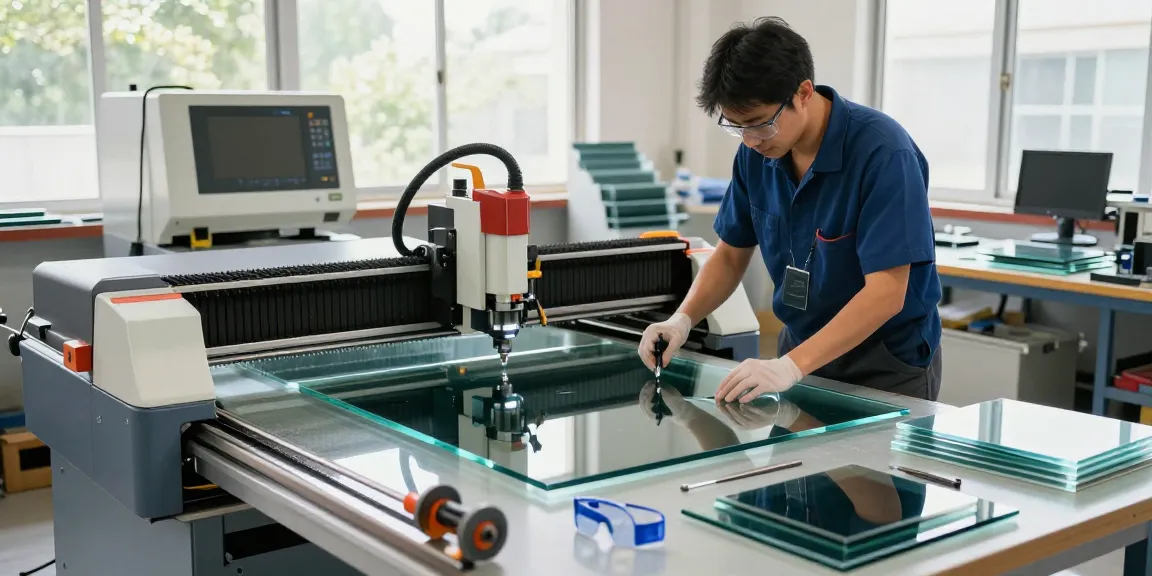 Technician expertly using a glass cutting table in a bright workshop, surrounded by advanced glass processing machinery.