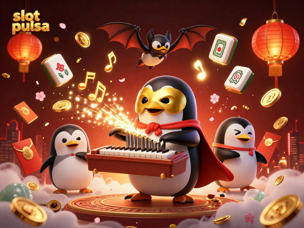 Experience thrilling gameplay with slot pulsa, featuring cartoon penguins and golden coins.