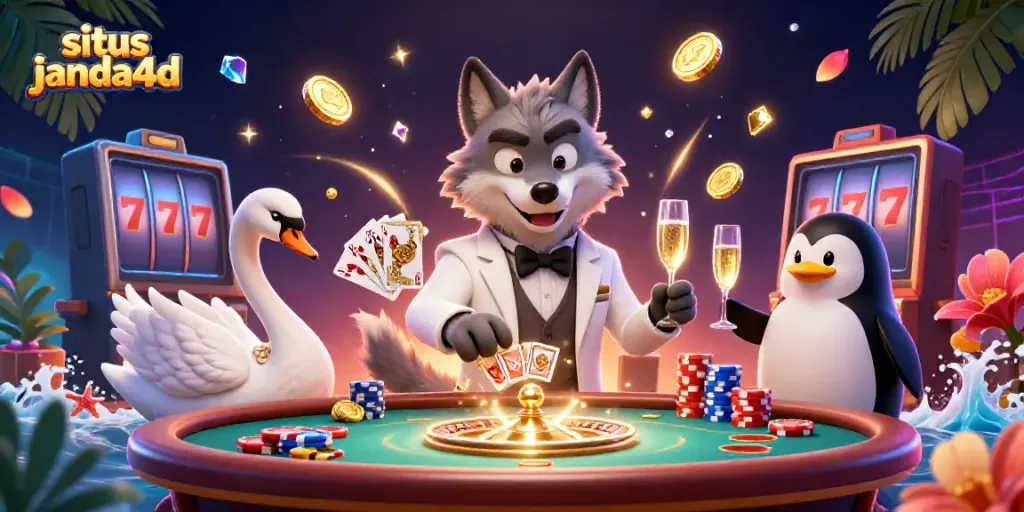 Mainkan situs janda4d sambil menikmati suasana kasino dengan kartu dan chip poker di meja.
