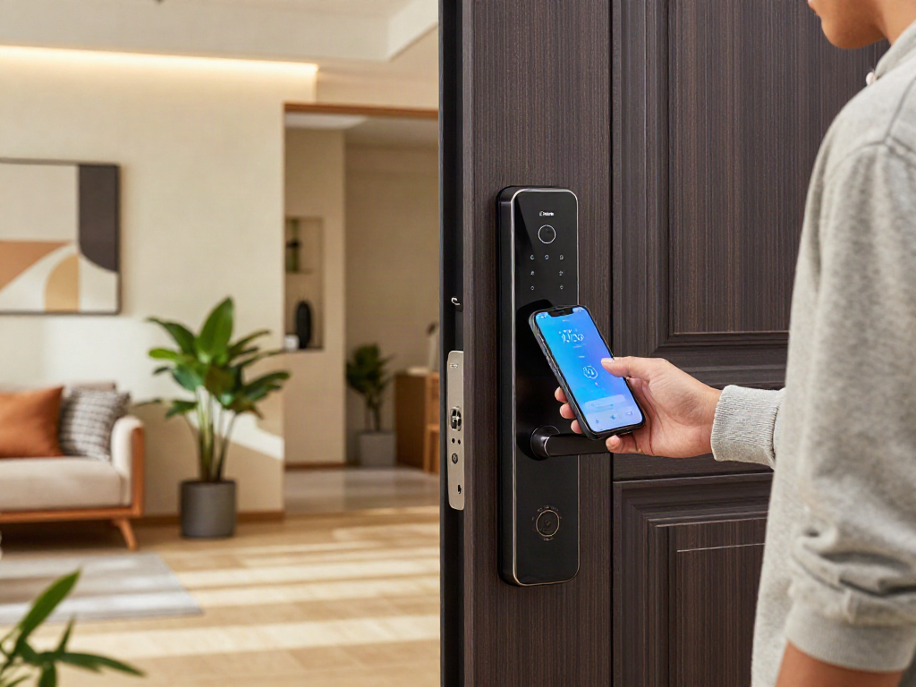 Unlocking a قفل هوشمند with a smartphone at a modern home entryway.