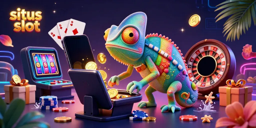 Situs slot chameleon owner collects gold coins with vibrant casino elements in a dynamic gaming scene.