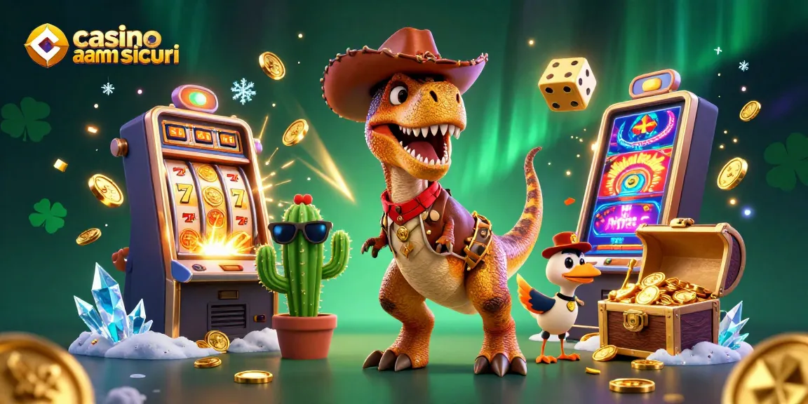 Un dinosauro cowboy e amici festeggiano in una vivace scena di casinò non aams sicuri con slot machine e monete d'oro.