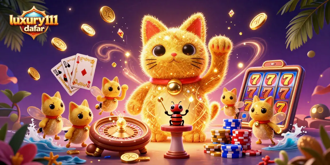 Experience luxury111 daftar with vibrant casino-themed illustration that features an enchanting lucky cat.