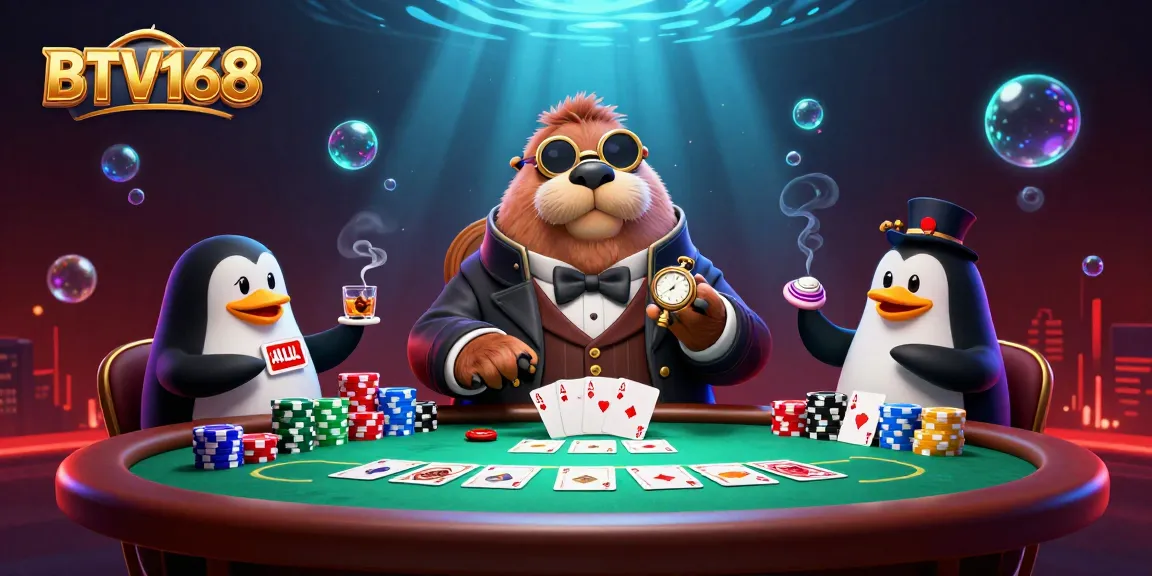 BTV168 showcases a poker scene with a jolly walrus, a penguin dealer, and a bluffing pufferfish.