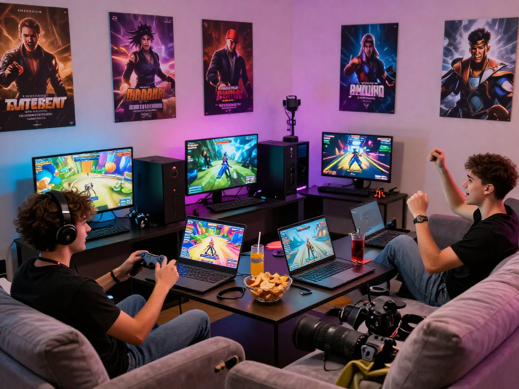 Engaging scene of friends enjoying porngames together in a cozy gaming room.