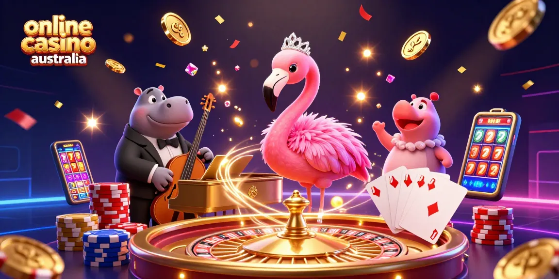 Experience an energetic performance at an online casino Australia with vibrant characters and festive elements.