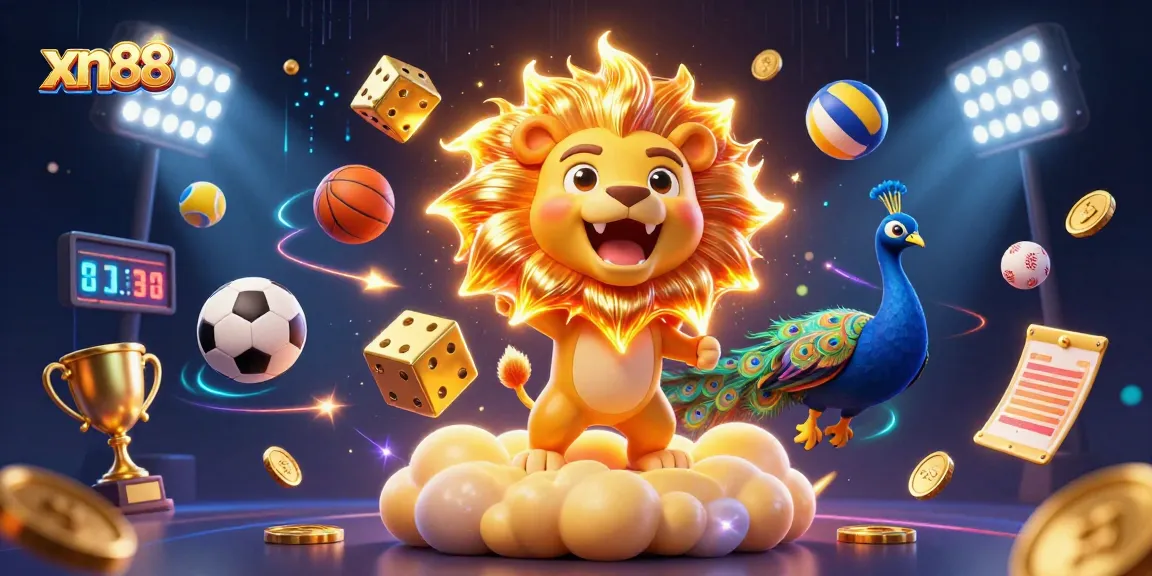 Engage with xn88's thrilling casino experience showcasing lively characters amidst dynamic sports elements.