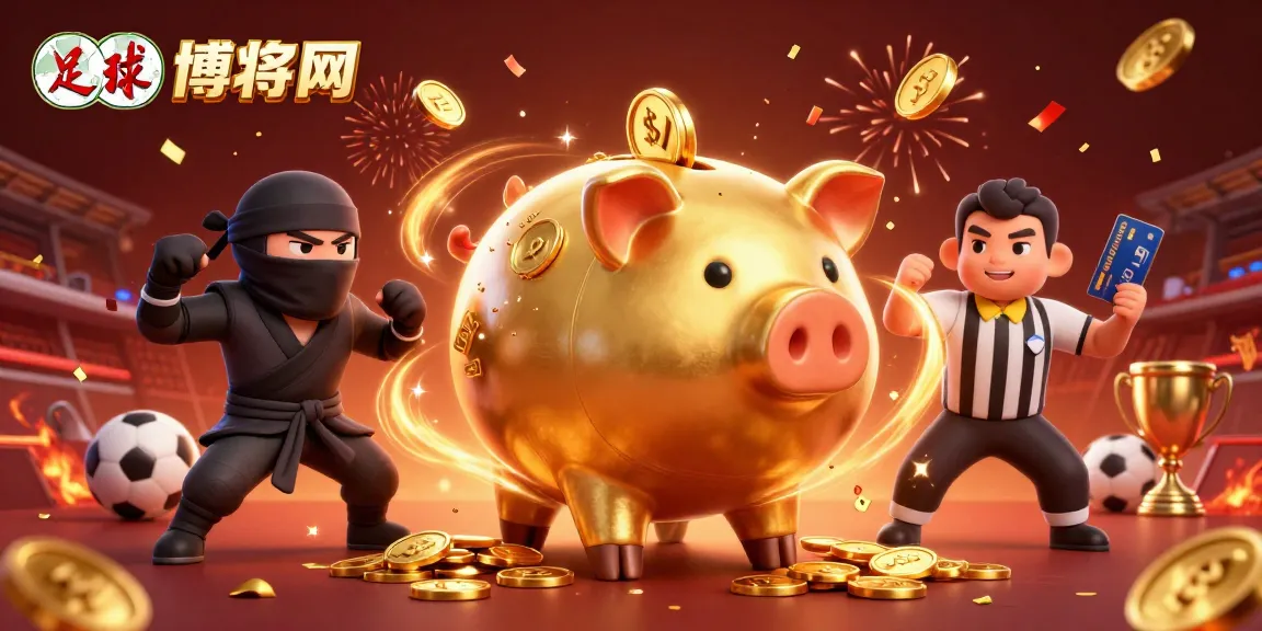 足球博彩网结合巨大金色存钱罐相扑选手与反派忍者,打造活泼动态的博彩场景。
