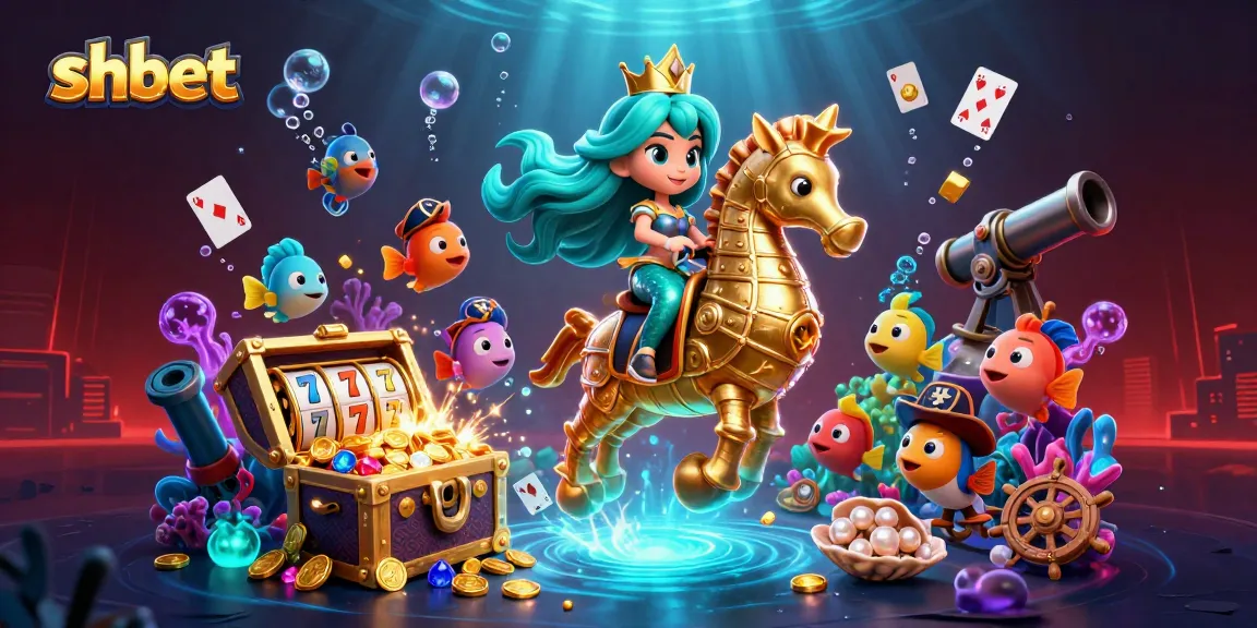 Experience shbet's vibrant 3D underwater casino adventure with a mermaid and giant seahorse.
