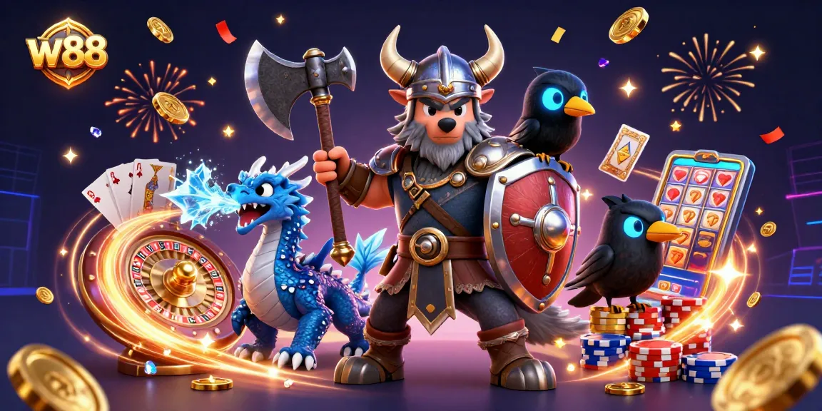 Khám phá w88 với một chiến binh sói Viking 3D và rồng, trong không khí casino sống động.