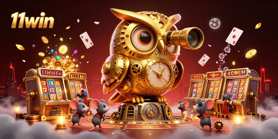 Engage with the vibrant 11win casino scene featuring a dynamic cartoon owl and whimsical characters.