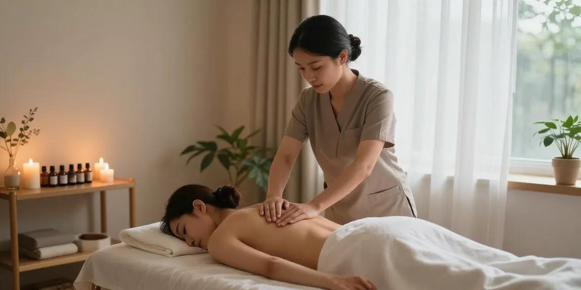 부천출장안마 전문 마사지사가 고객에게 아로마테라피 마사지를 제공하는 따뜻한 분위기의 실내.