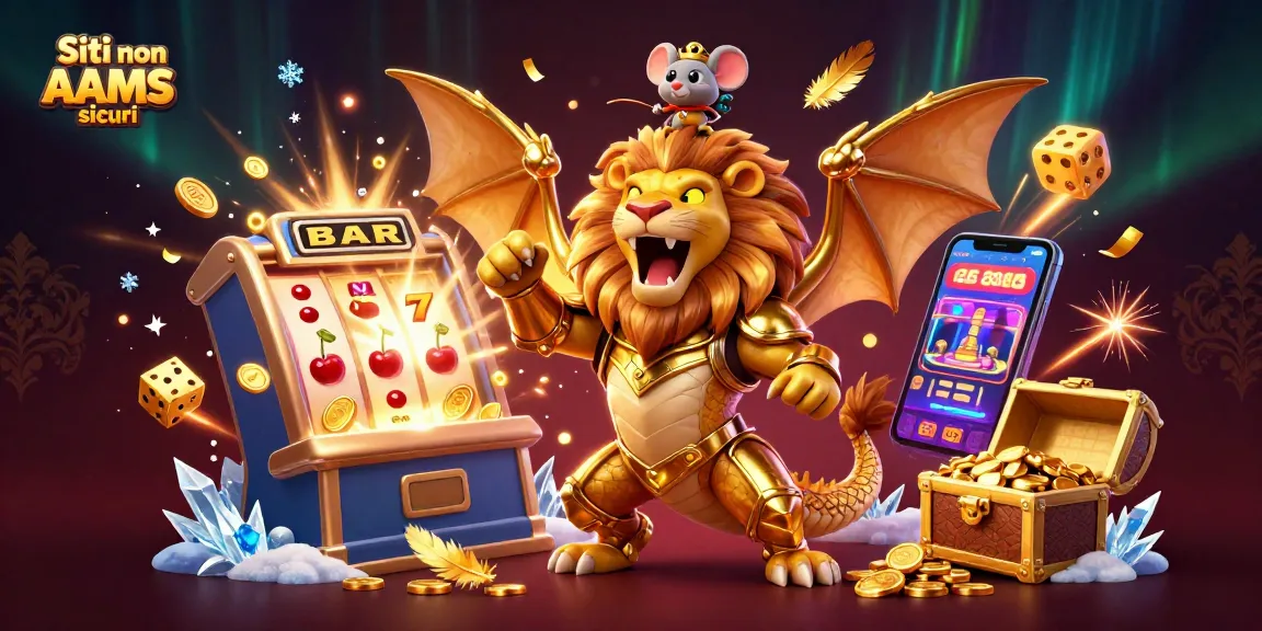 Siti non AAMS sicuri con un'immagine vivace di un casinò online pieno di simboli delle slot e un camaleonte dorato trionfante.