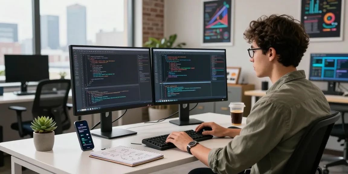 Developer coding on dual monitors in a modern office space reflecting telegraimin.com's vibrant tech atmosphere.