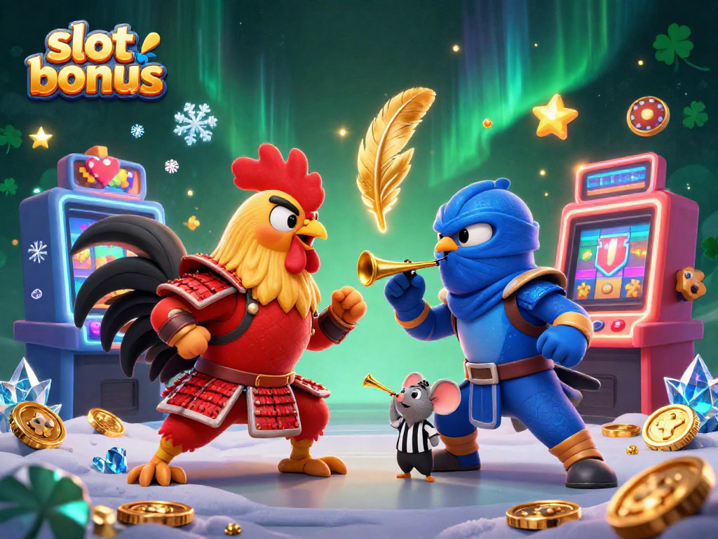 Experience exciting gameplay with slot bonus elements in a vibrant casino setting featuring fighting roosters.