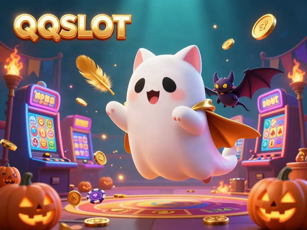 Engage with QQSLOT's vibrant casino atmosphere featuring a friendly ghost cat and a vampire bat.